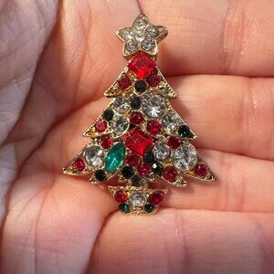 Vintage Rhinestone Christmas Tree Brooch Red Green Clear Crystal Holiday Pin Gol
